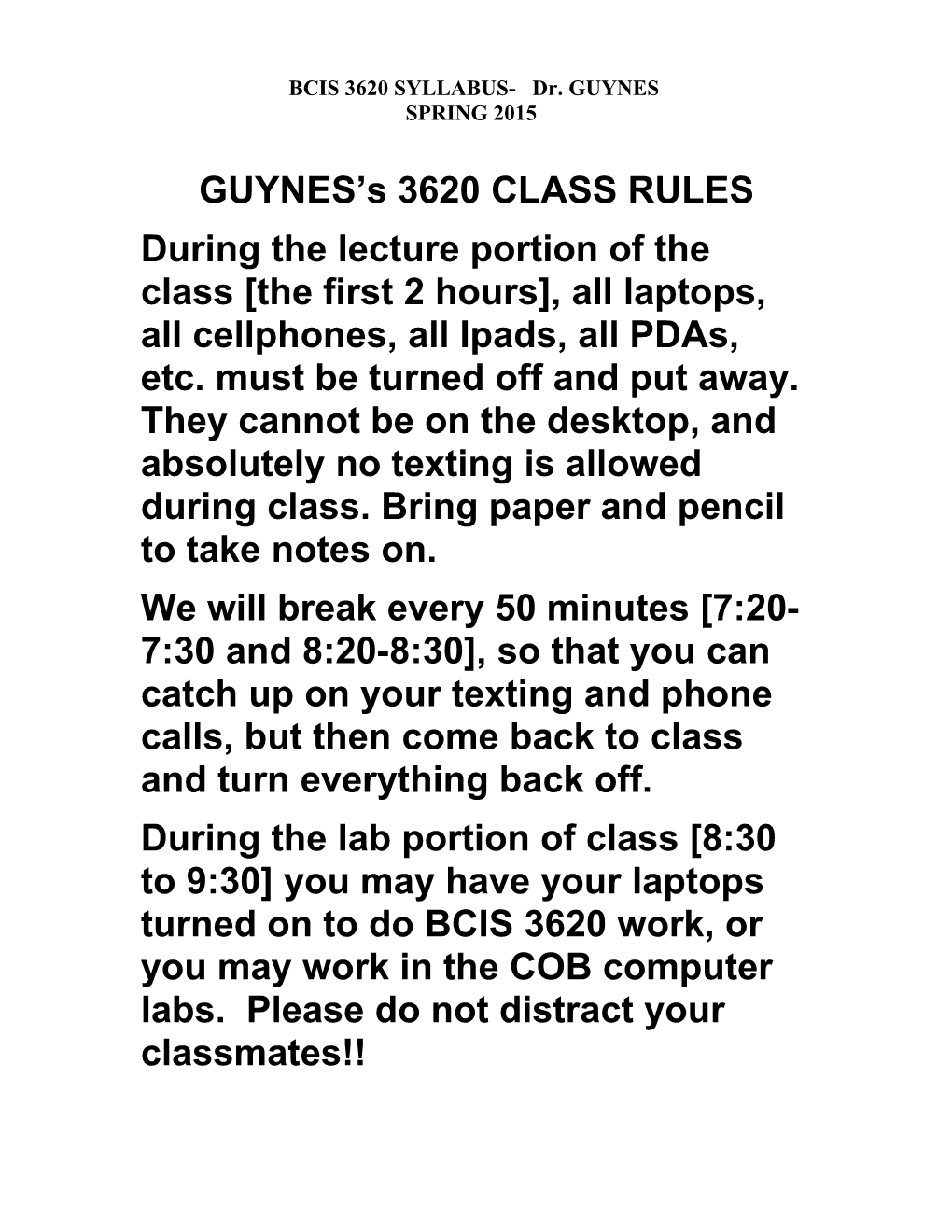 BCIS 3620 SYLLABUS- Dr. GUYNES