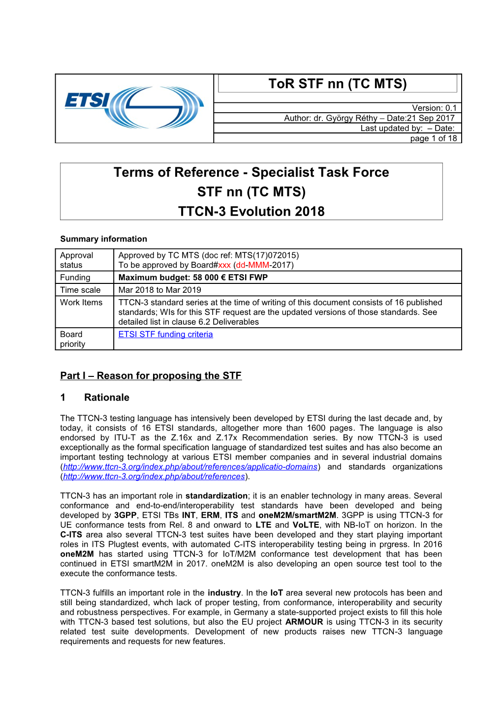 CL17 3349 Call for Expertise Specialist Task Force STF BD (TC MTS) on TTCN-3 Evolution 2017