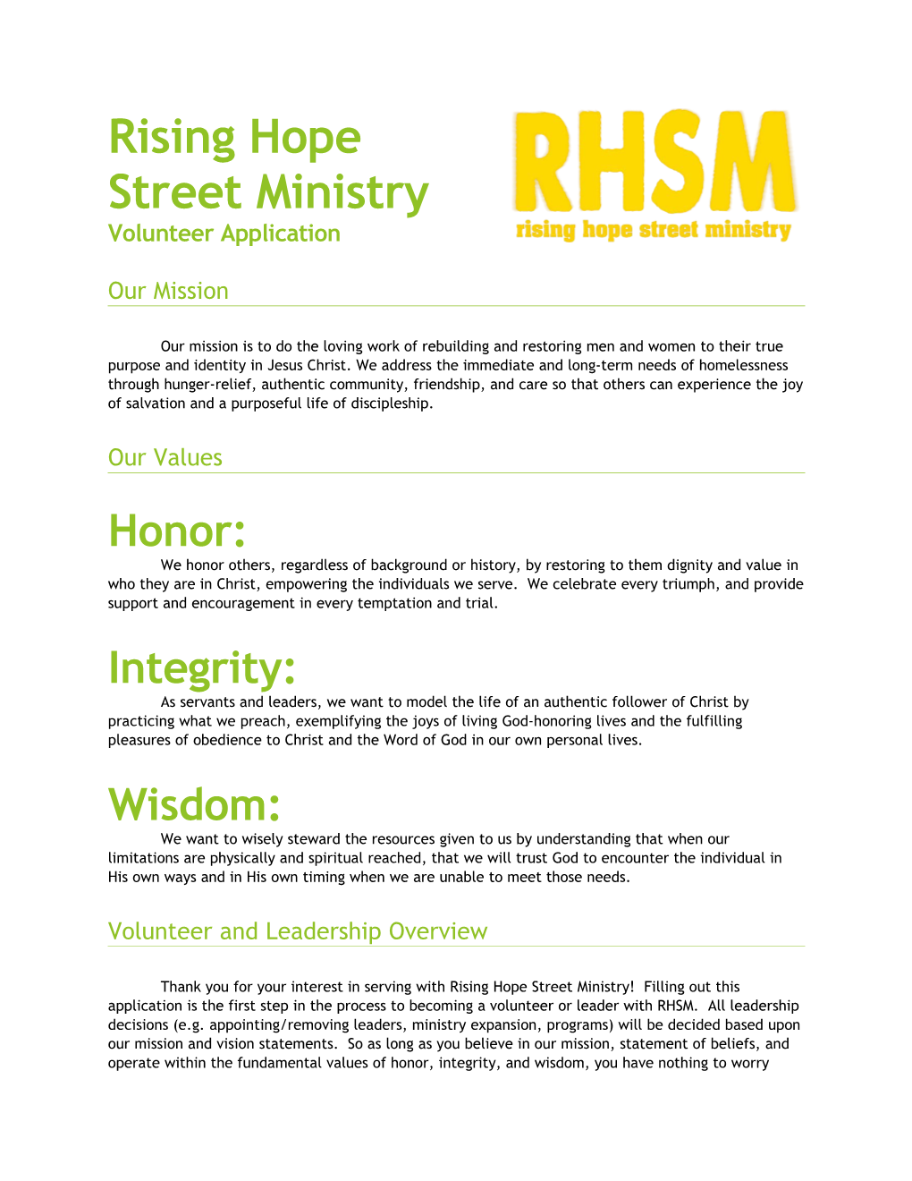 Street Ministry Volunteer Application