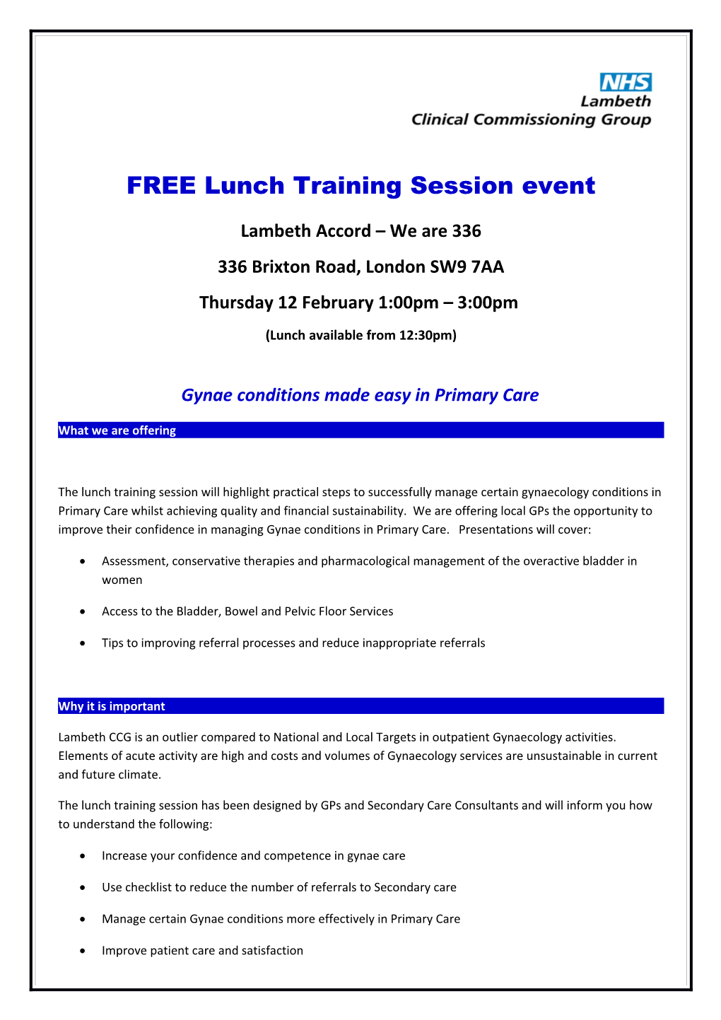 FREE Lunch Training Session Event