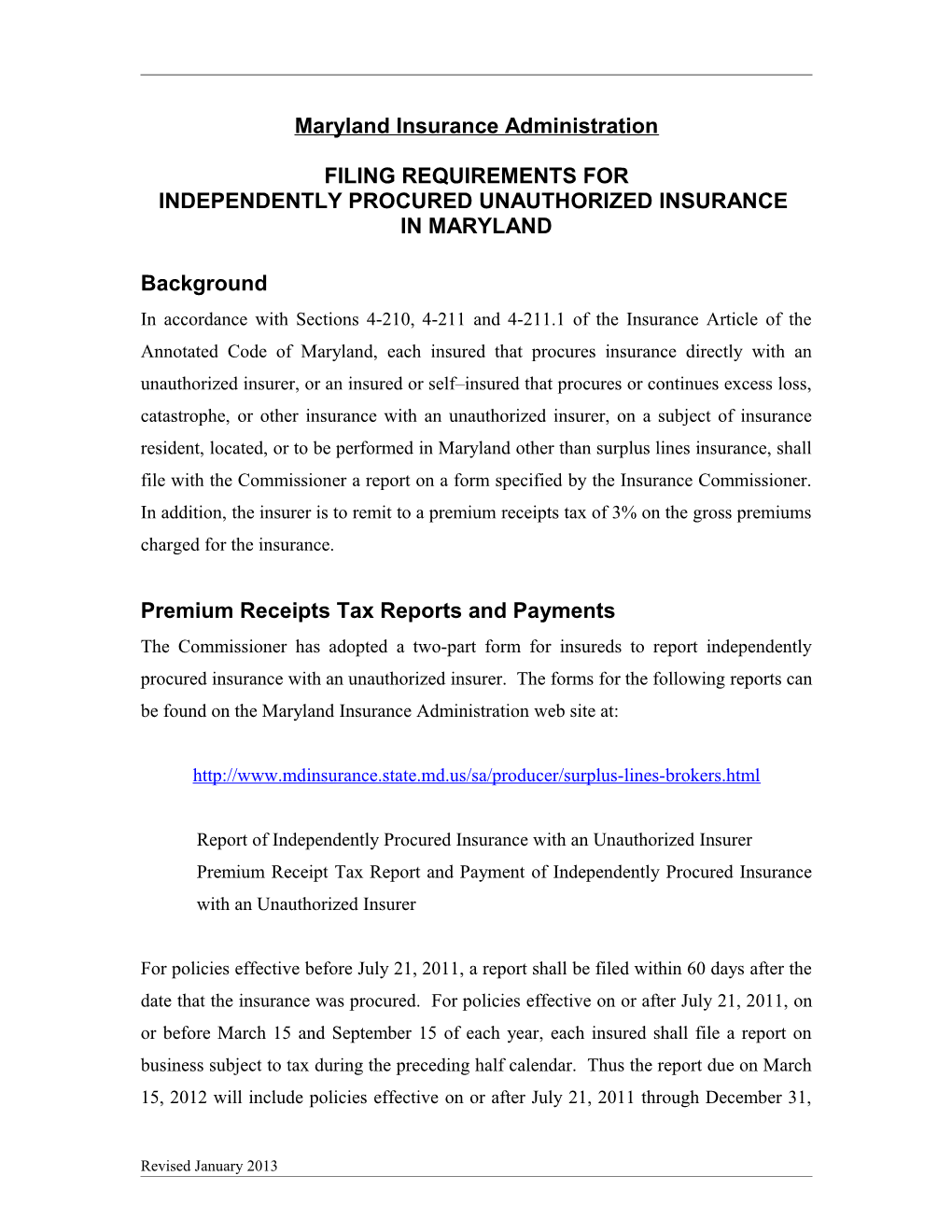 Website Filing Instructions for Nonadmitted Insurance Reports and Tax Payment (00062244)