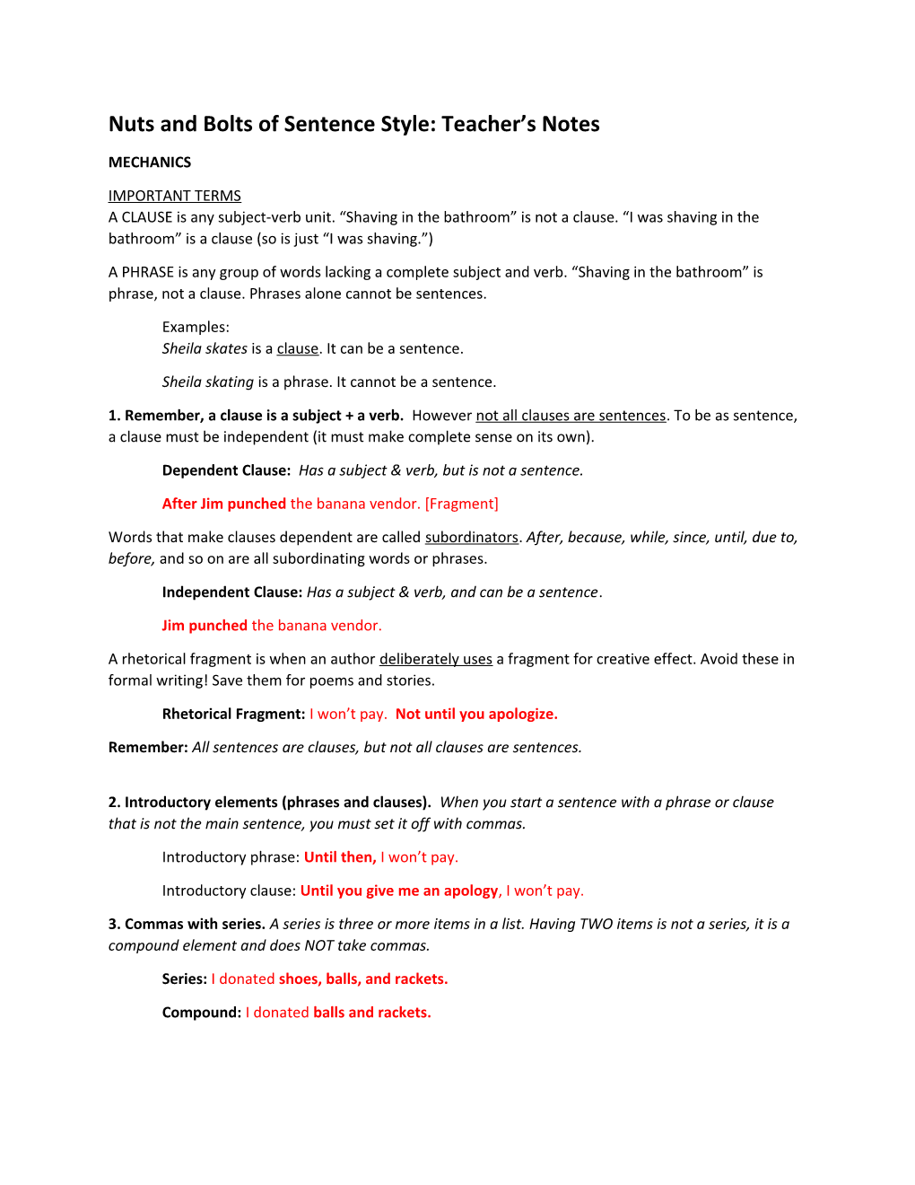 Nuts and Bolts of Sentence Style: Teacher S Notes