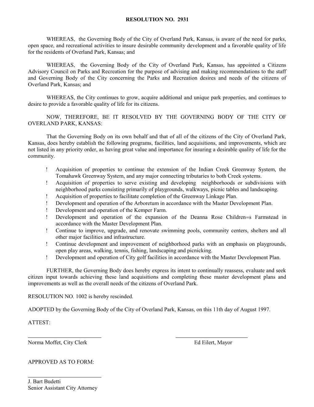 Park Development Plan II - Resolution No. 2931 - August 11, 1999