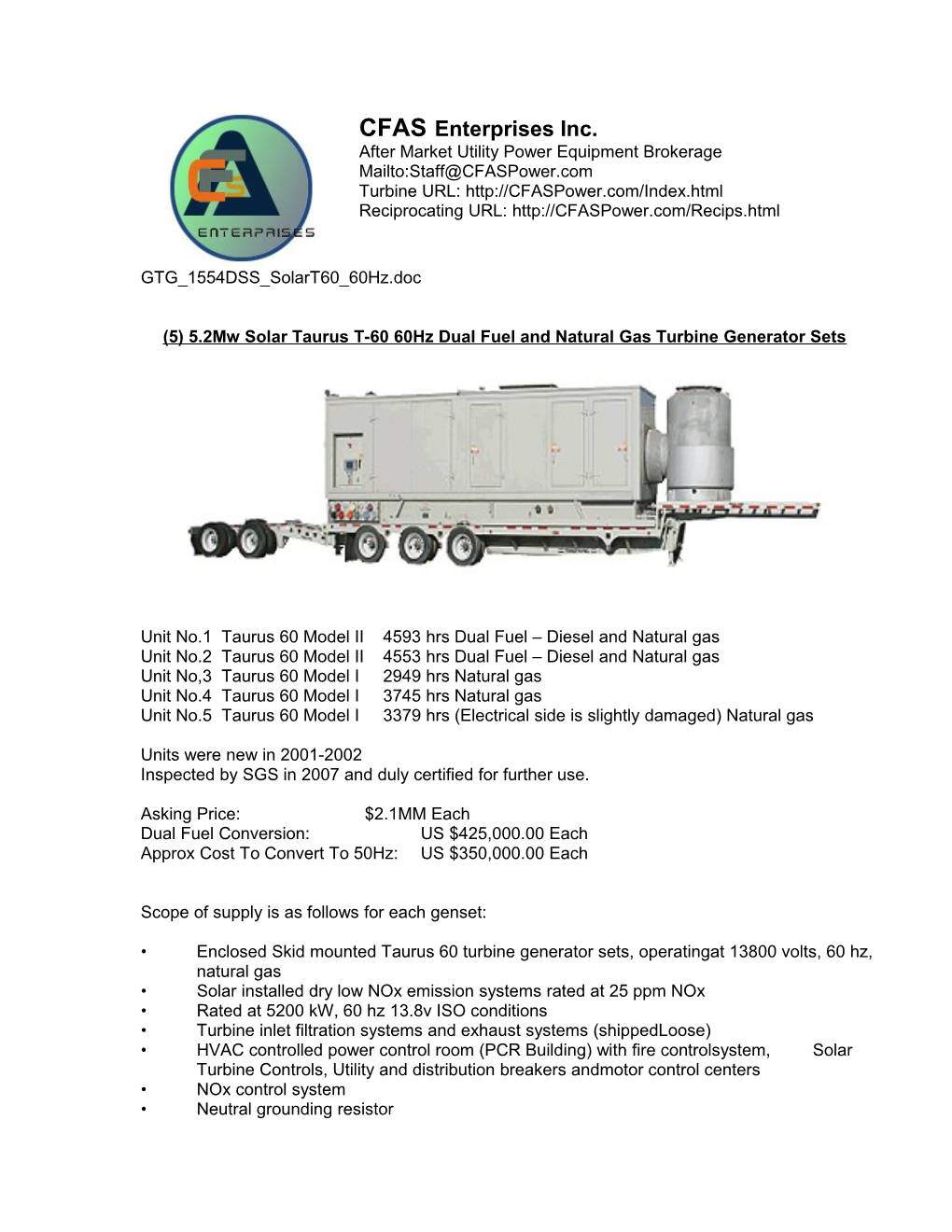Please Find Enclosed Our Sales Proposal for Two (2) Solar Taurus 1-60 Gas