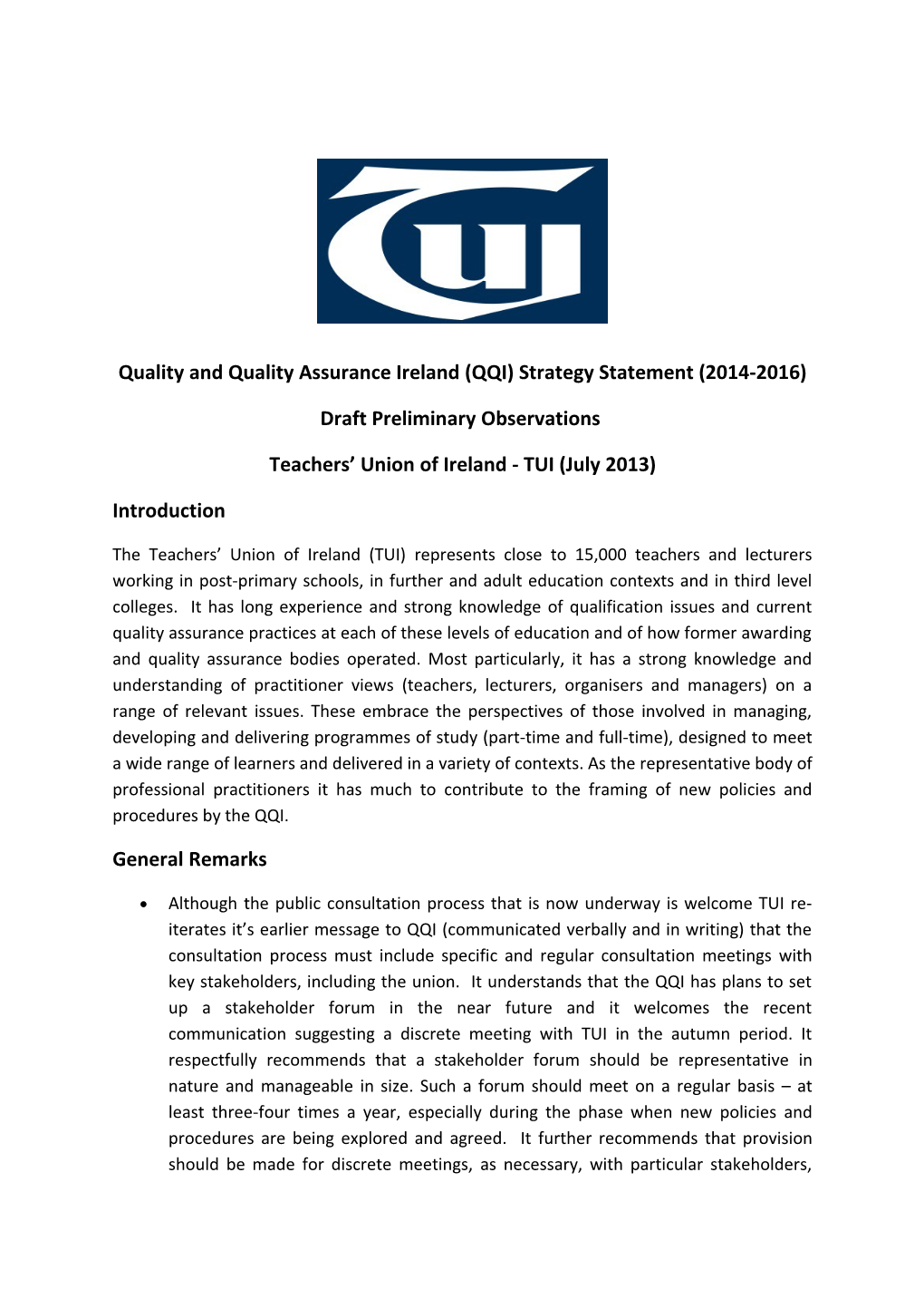 Quality and Quality Assurance Ireland (QQI)Strategy Statement (2014-2016)
