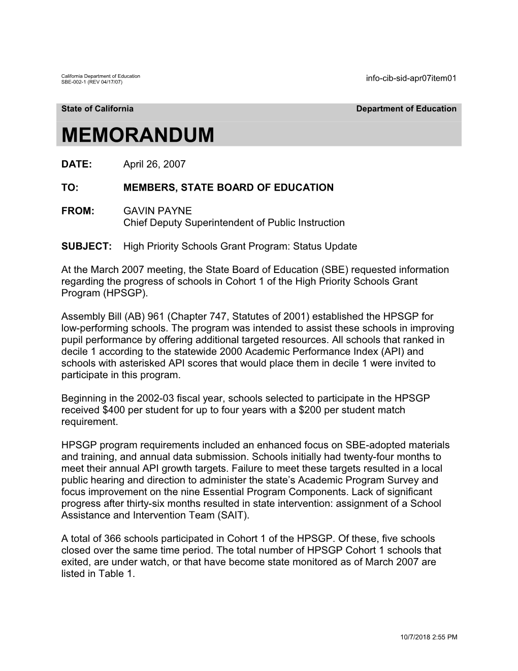 April 2007 Memorandum Item 01 - Information Memorandum (CA State Board of Education)