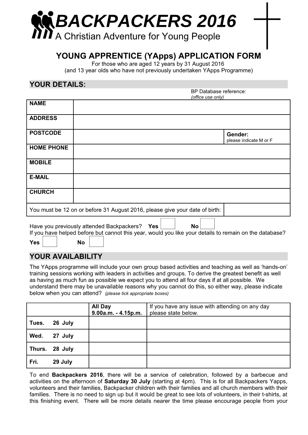 YOUNG APPRENTICE (Yapps) APPLICATION FORM