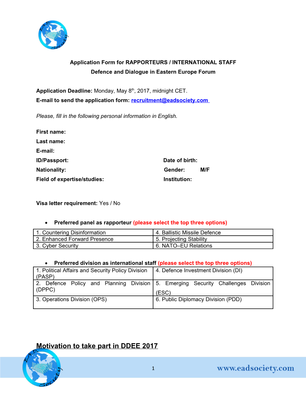 Application Form for RAPPORTEURS / INTERNATIONAL STAFF