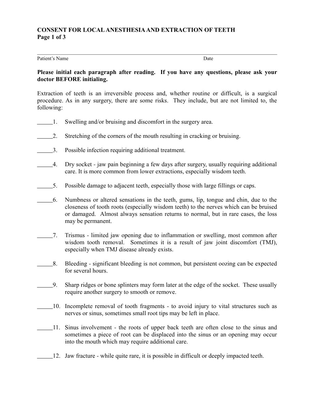 Consent for Anesthesia and Extraction of Teeth