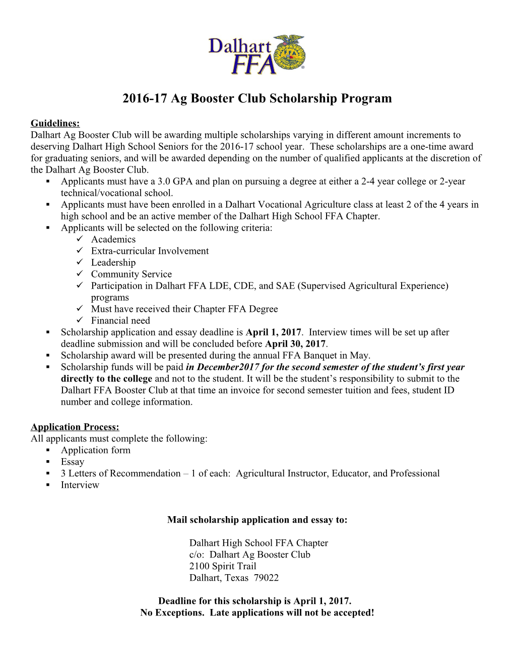 2016-17Ag Booster Club Scholarship Program