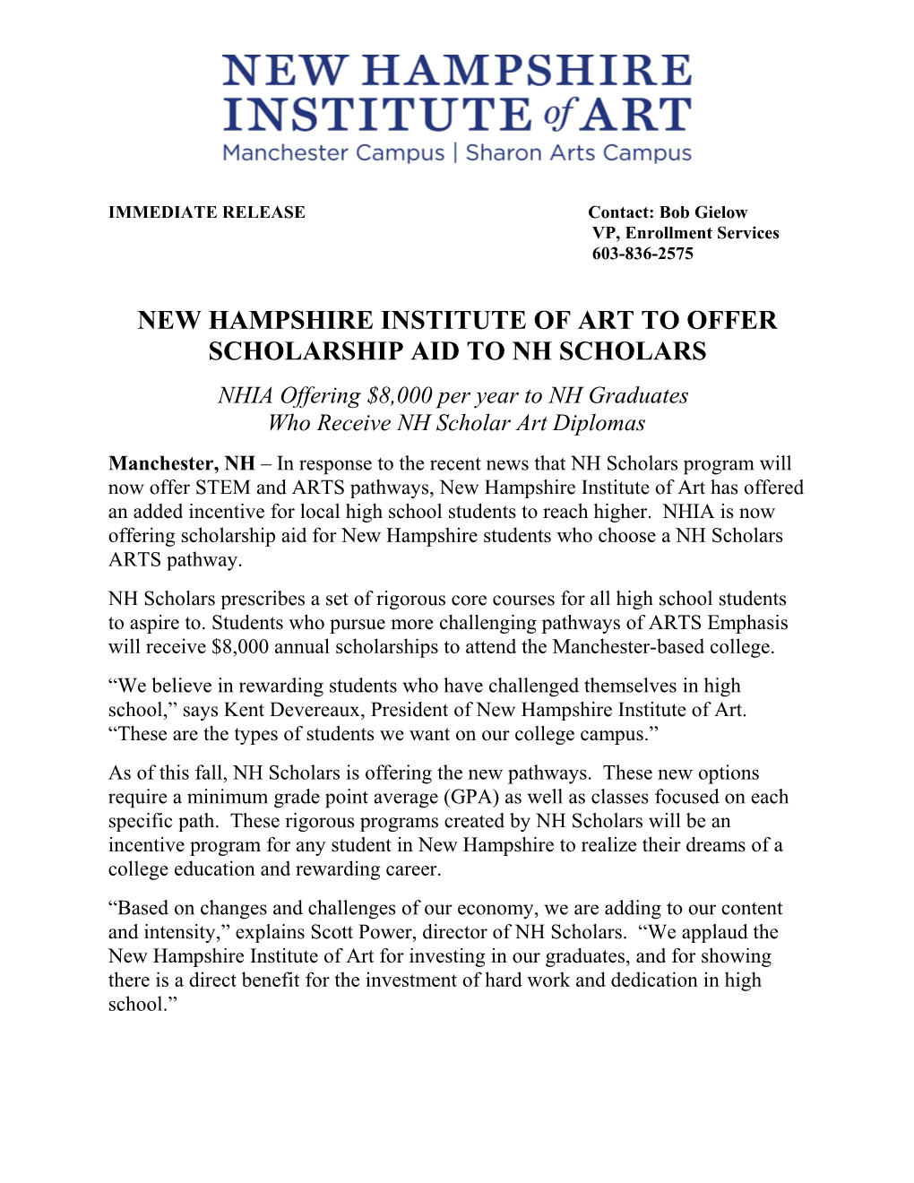 New Hampshire Institute of Art to Offer Scholarship Aid to Nh Scholars
