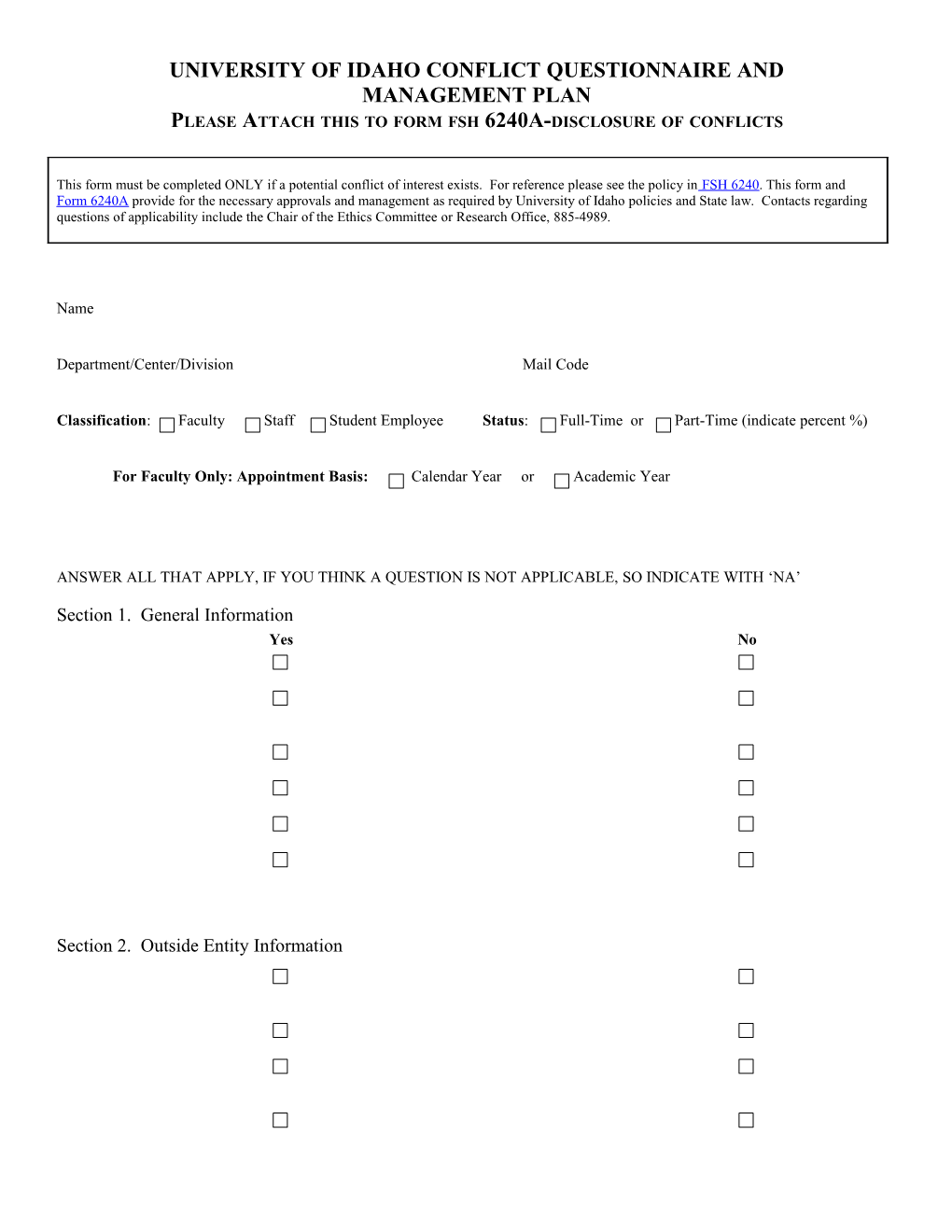 University of Idaho Conflict Questionnaire And