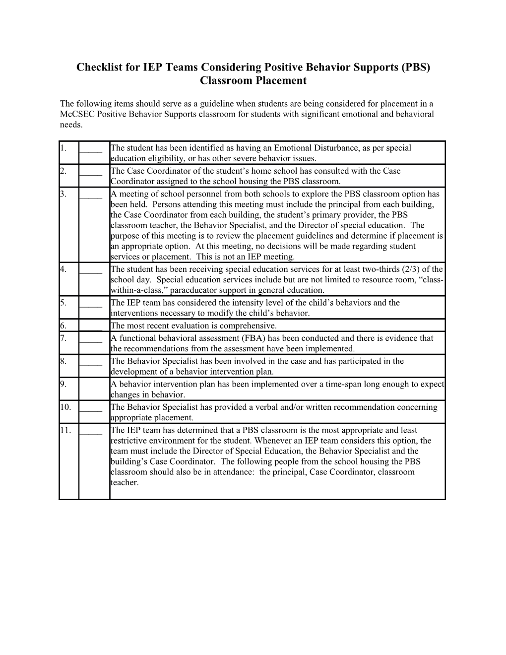 Checklist for IEP Teams Considering Positive Behavior Supports (PBS) Classroom Placement
