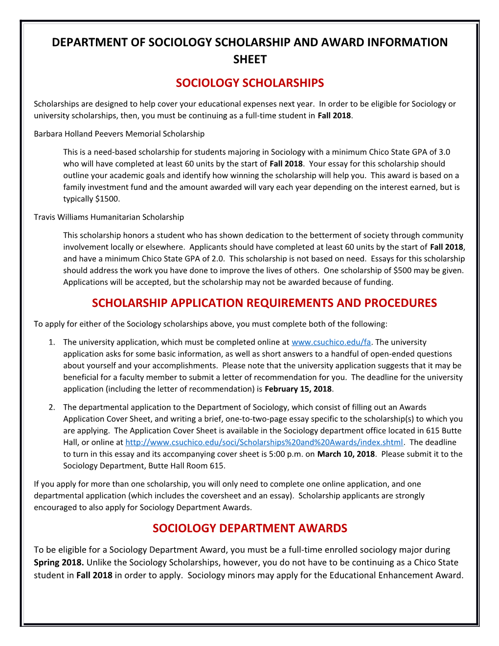 Department of Sociology Scholarship and Award Information Sheet