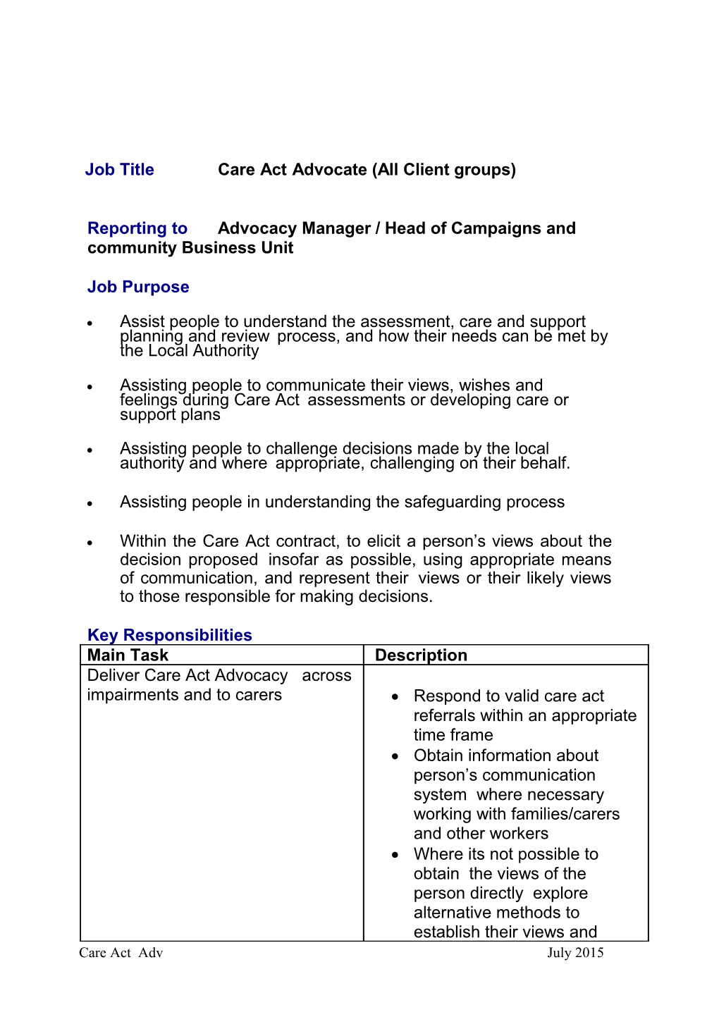 Job Titlecareactadvocate(Allclient Groups)