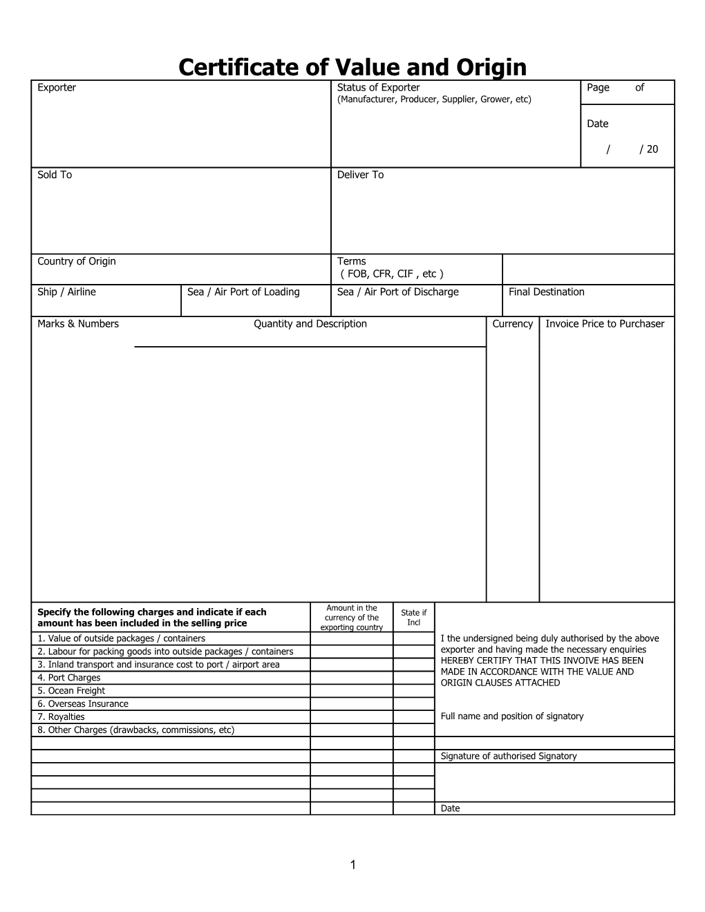 Certificate of Value and Origin