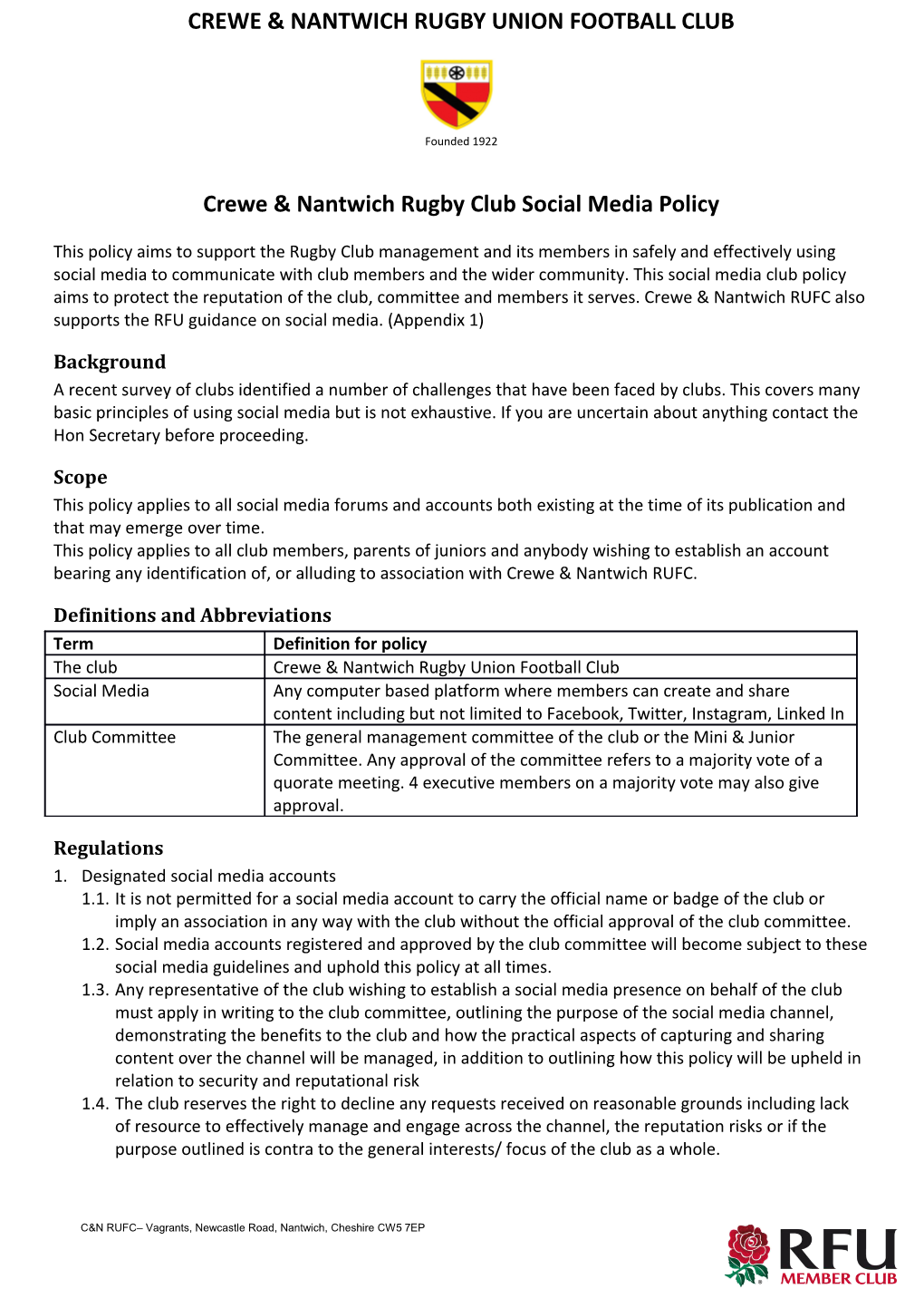 Crewe & Nantwich Rugby Club Social Media Policy