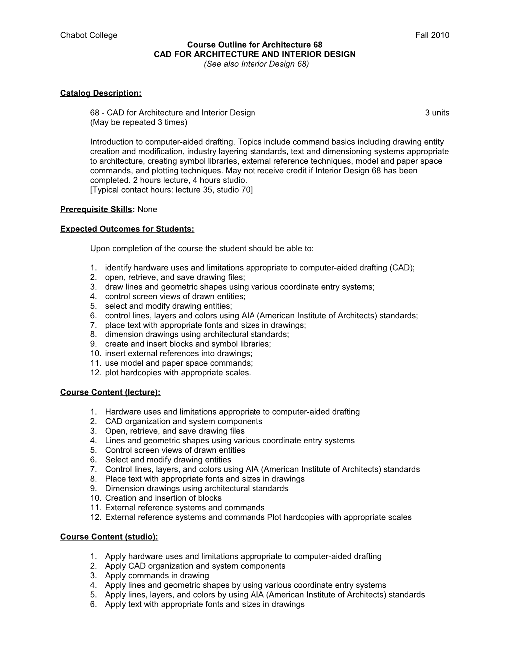 Course Outline for Architecture 99