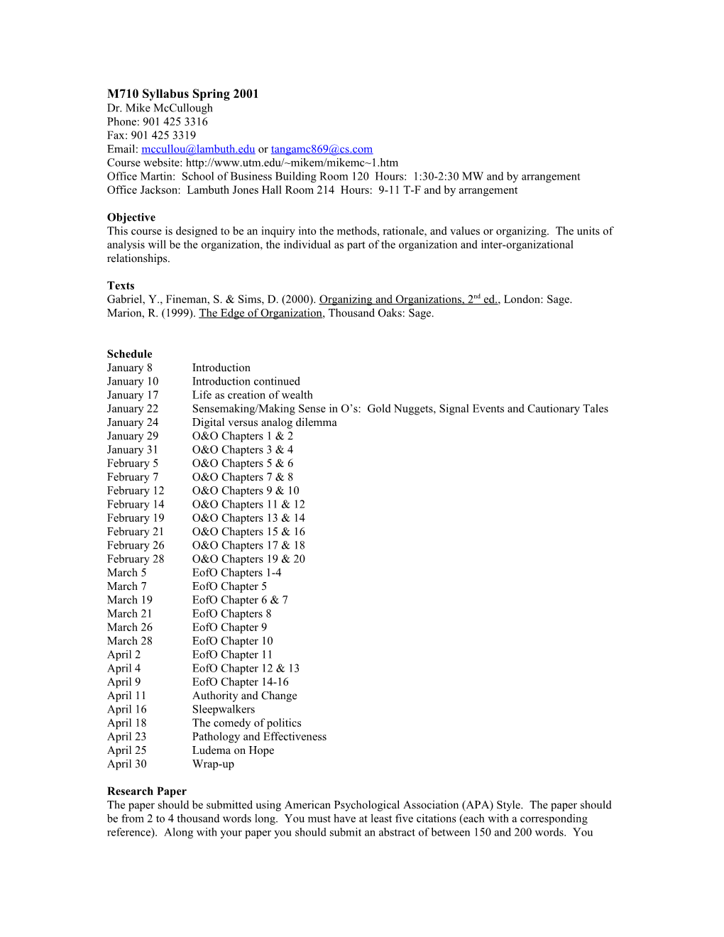 M710 Syllabus Spring 2001