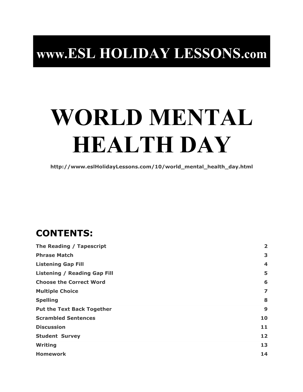 Holiday Lessons - World Mental Health Day