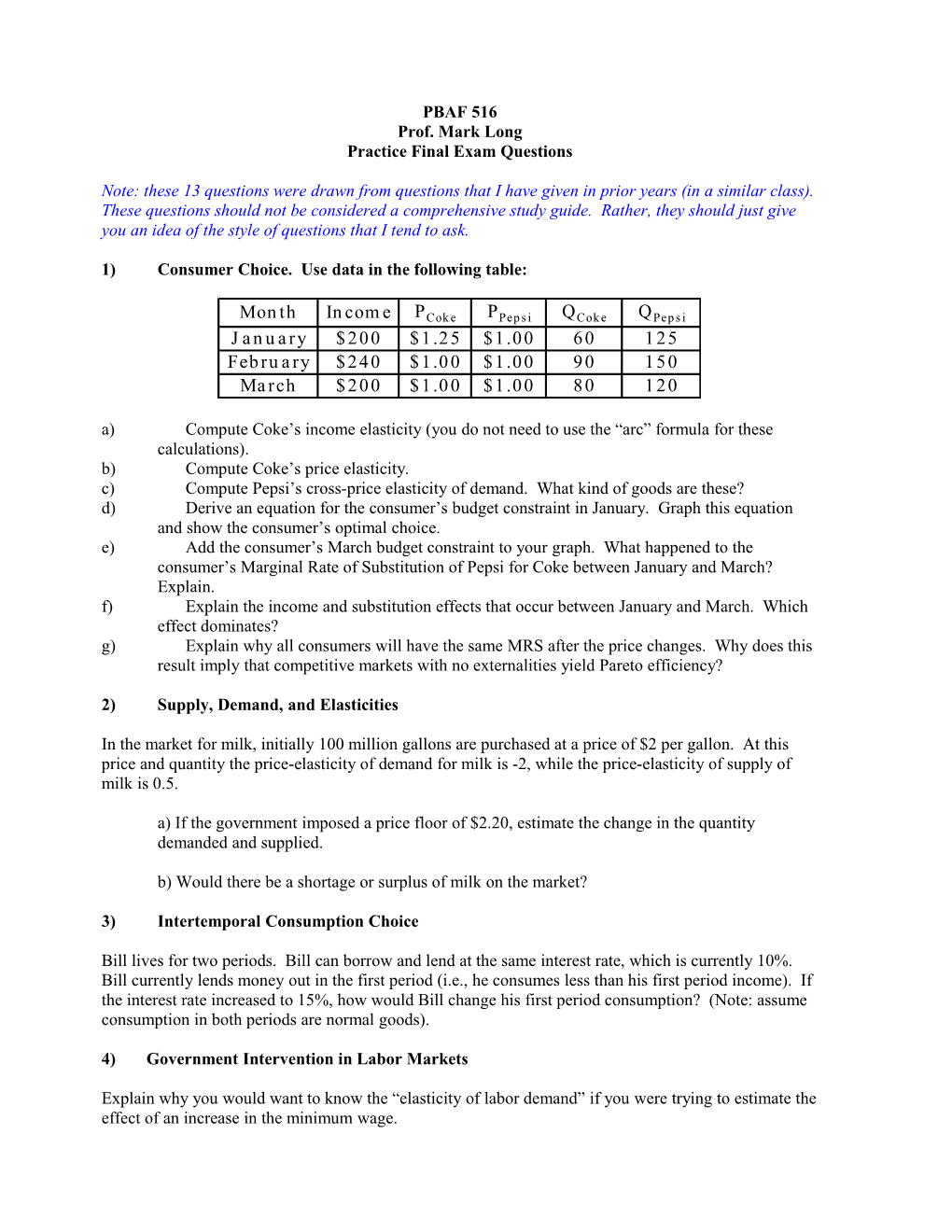 Practice Final Exam Questions
