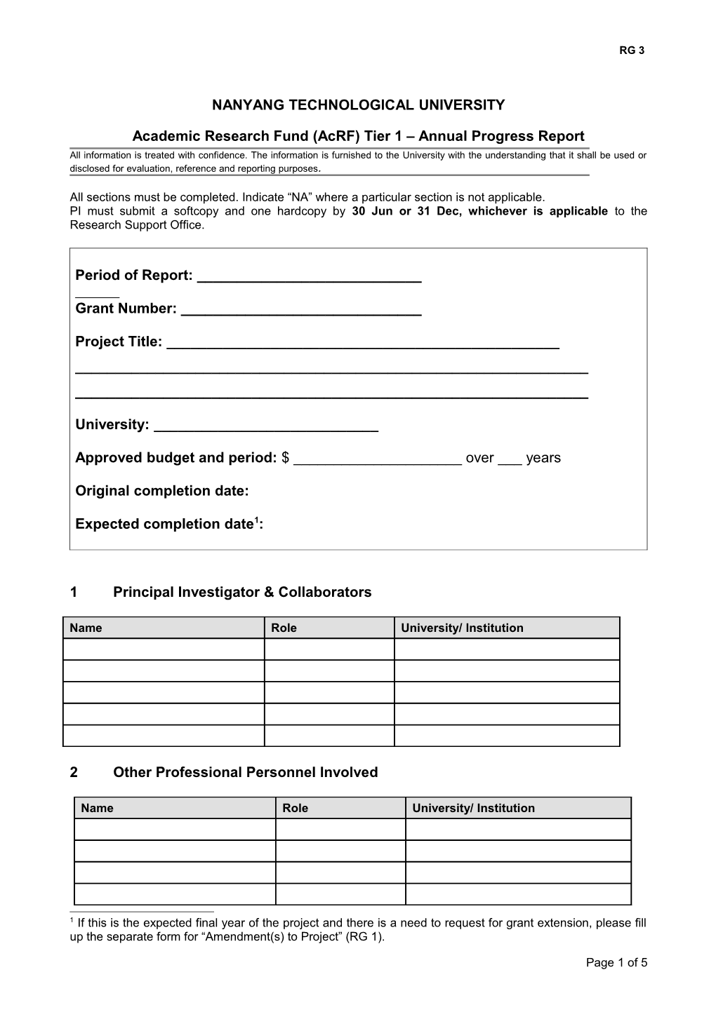 Academic Research Fund (Acrf) Tier 1 Annual Progress Report