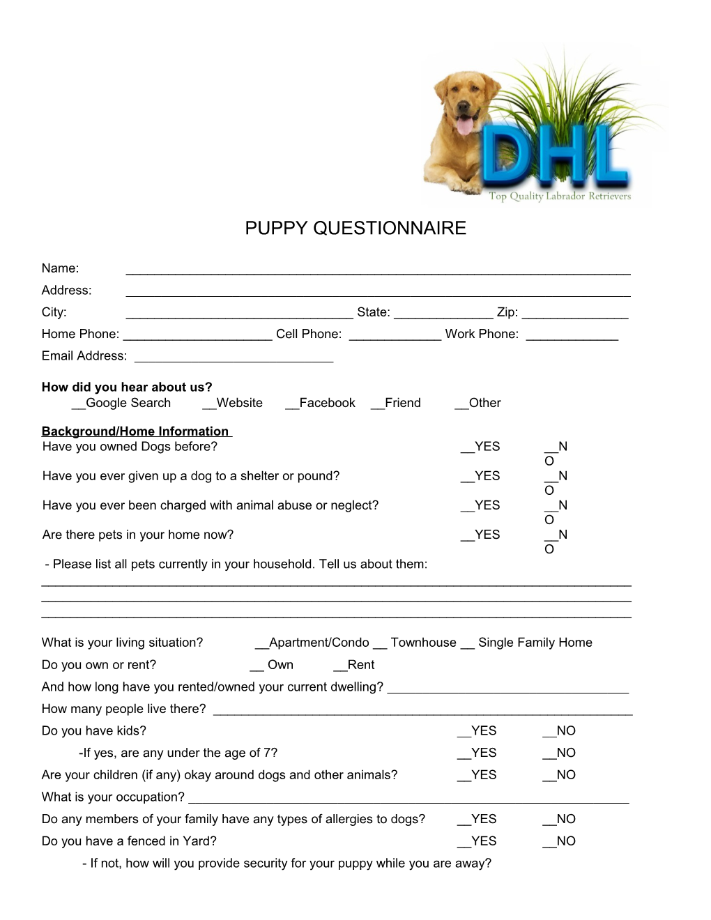 Puppy Questionnaire