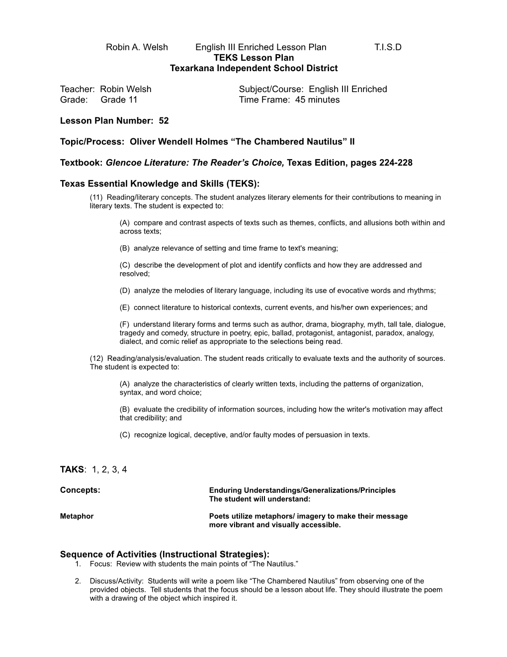 Robin A. Welshenglish III Enriched Lesson Plant.I.S.D