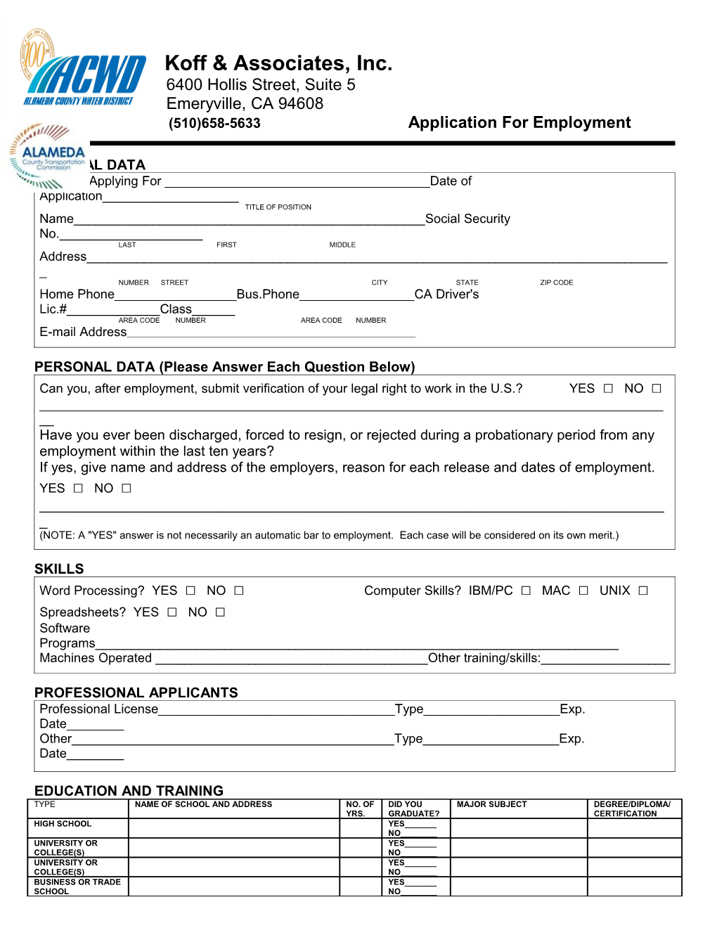 (510)658-5633 Application for Employment