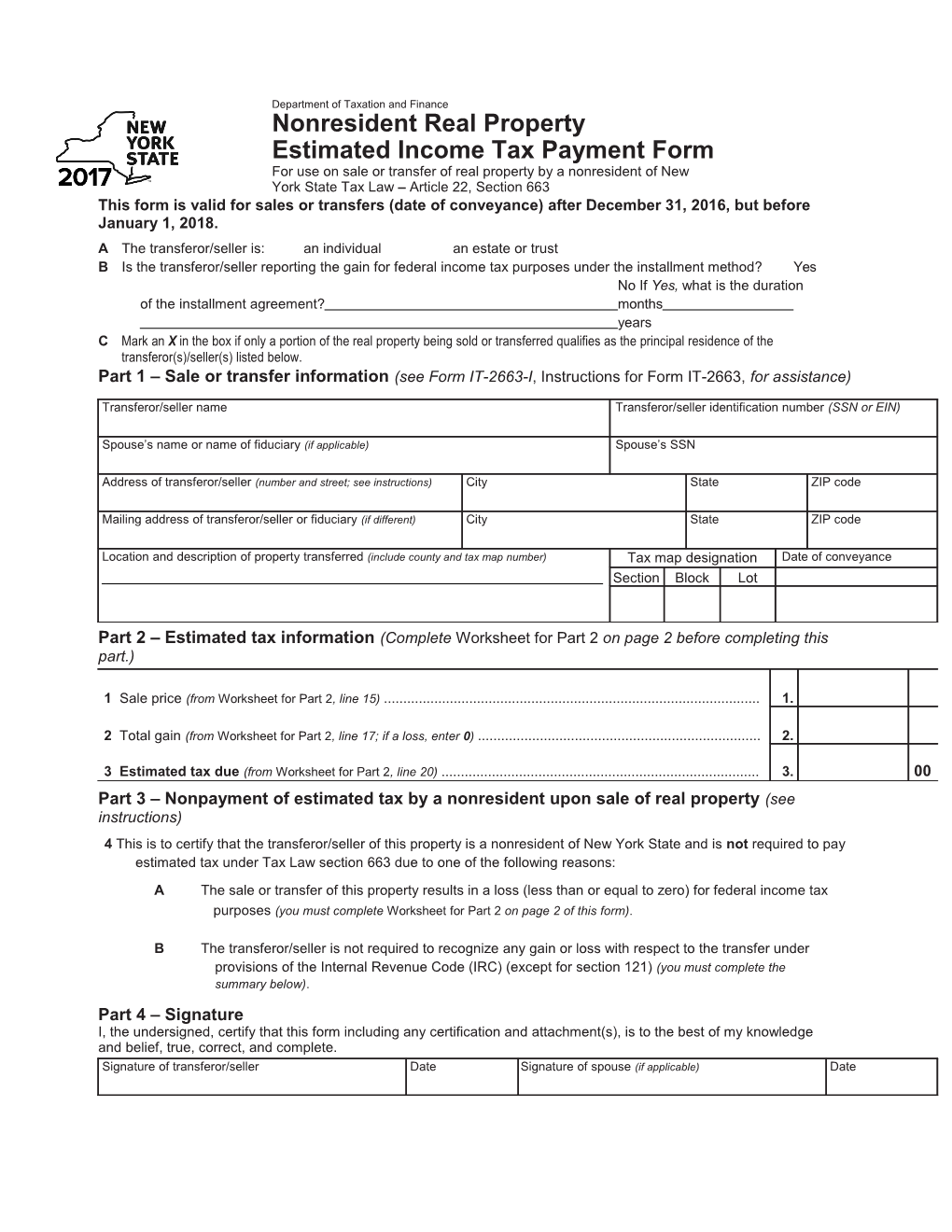 Form IT-2663:2017:Nonresident Real Property Estimated Income Tax Payment Form:IT2663
