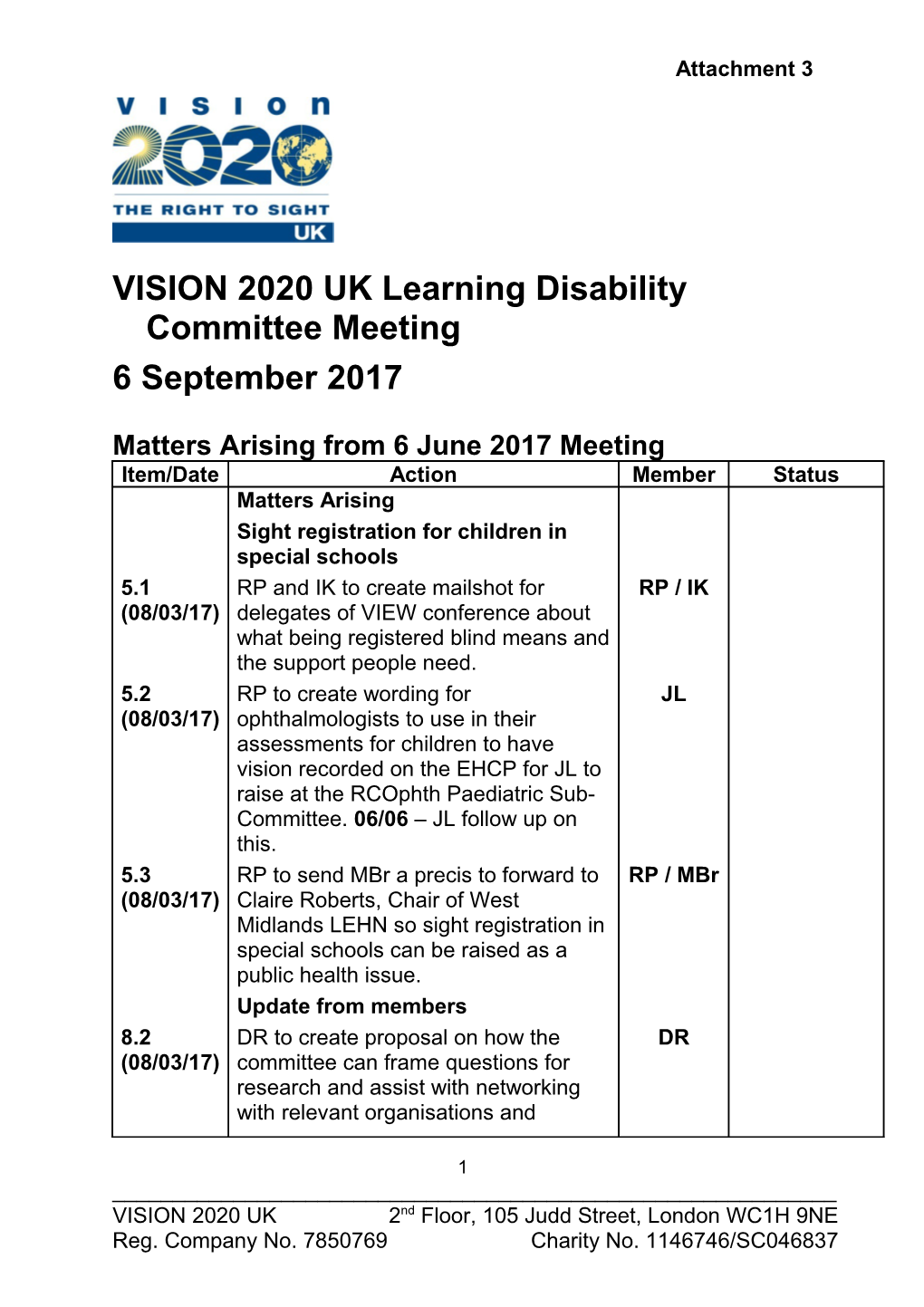 VISION 2020 UK Learning Disability Committee Meeting