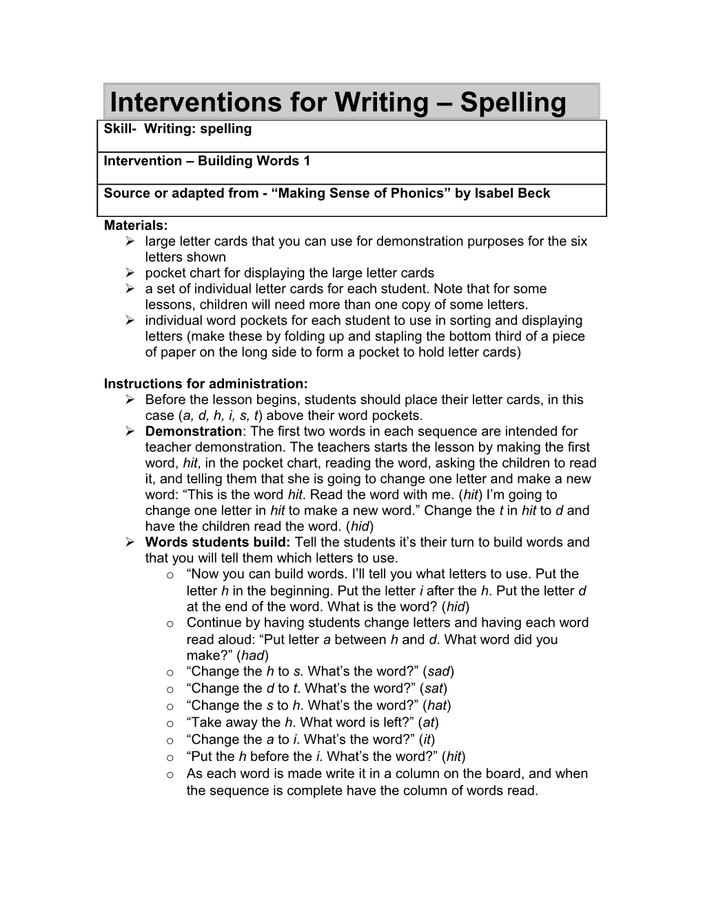 Interventions for Comprehension Sequencing Events