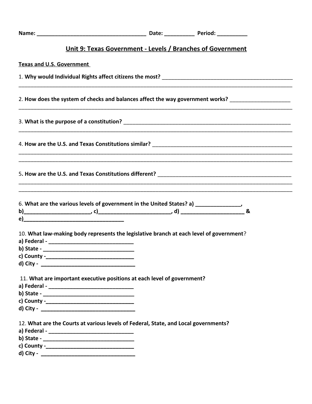 Unit 9: Texas Government - Levels / Branches of Government