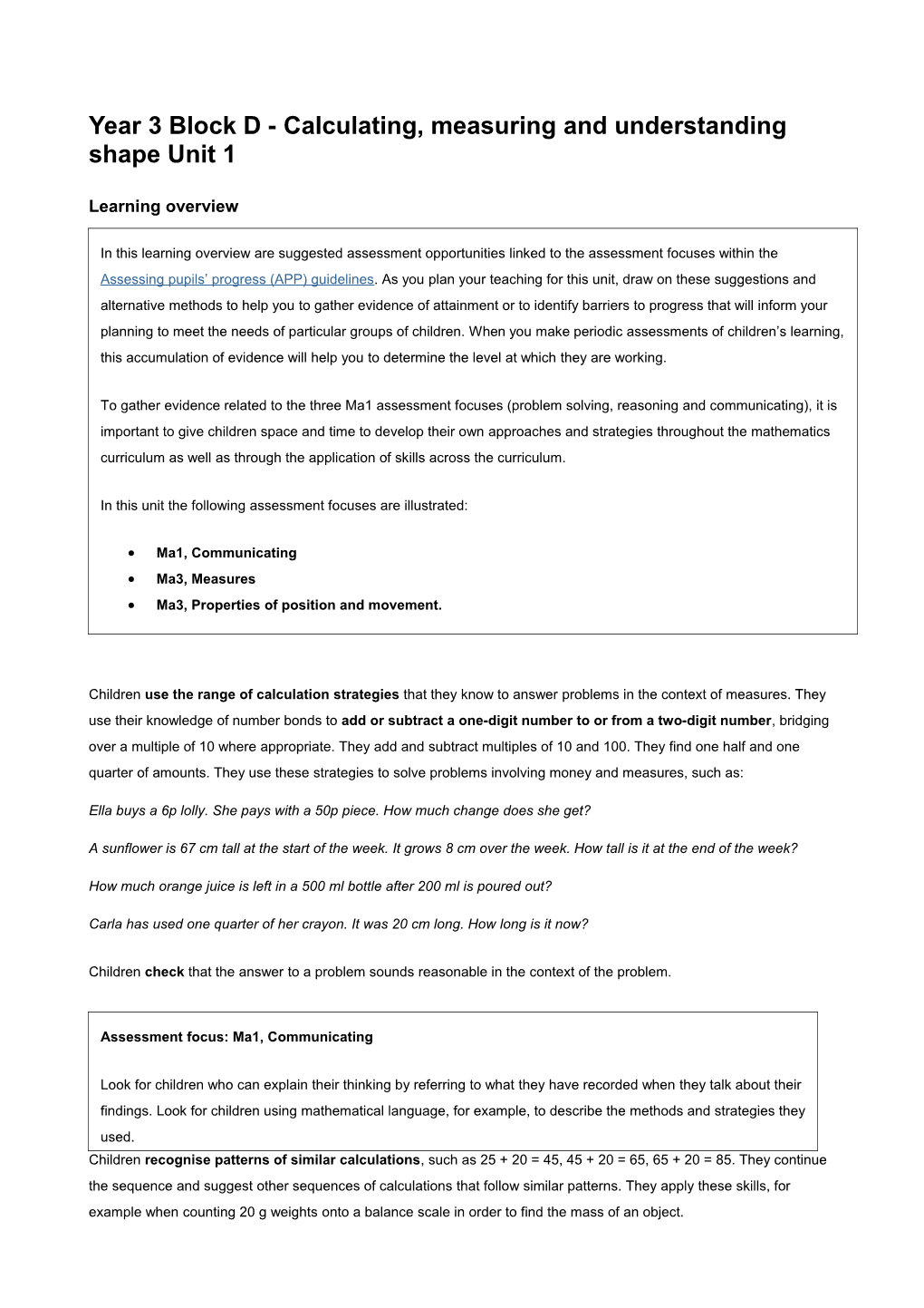 Year 3 Block D - Calculating, Measuring and Understanding Shape Unit 1