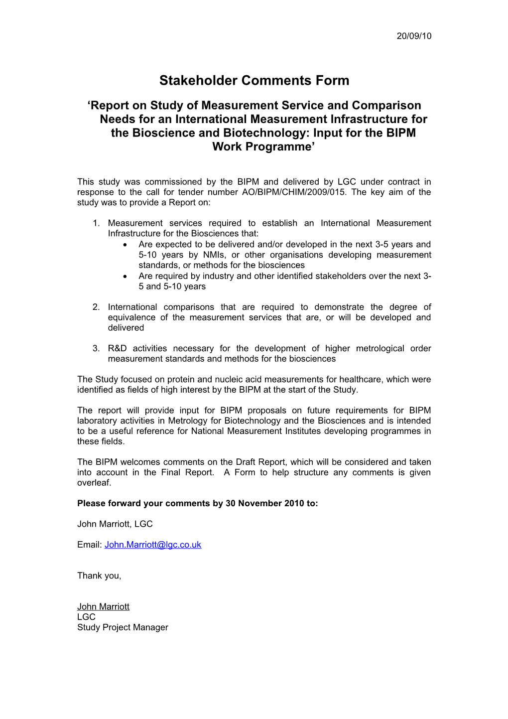 BIPM Bio-Measurement Study Response Form