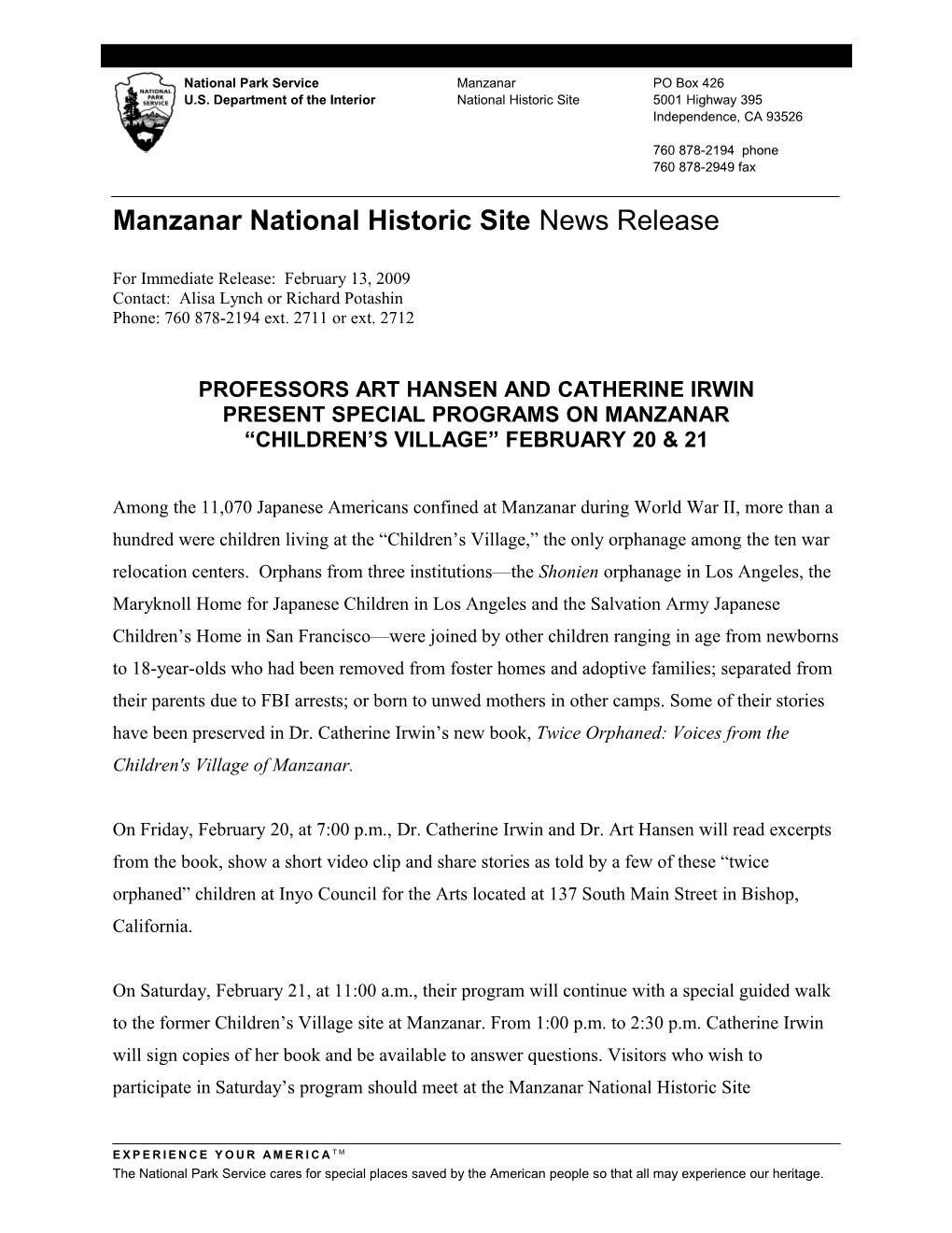 Manzanar National Historic Site News Release