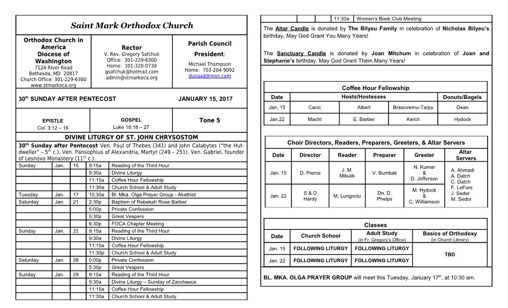 30Th SUNDAY AFTER PENTECOST JANUARY 15, 2017