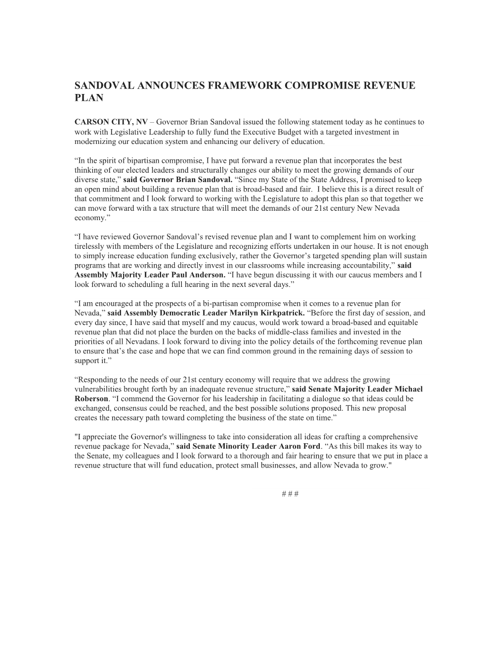 Sandoval Announces Framework Compromise Revenue Plan