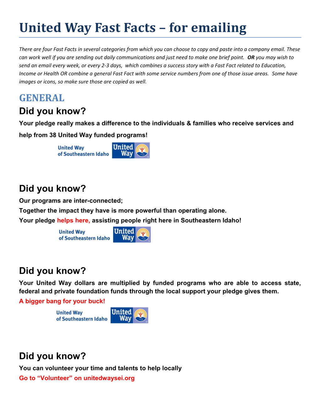 United Way Fast Facts for Emailing
