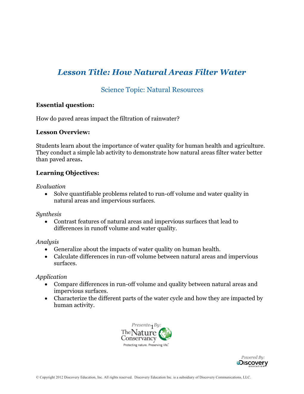 Lesson Title: How Natural Areas Filter Water