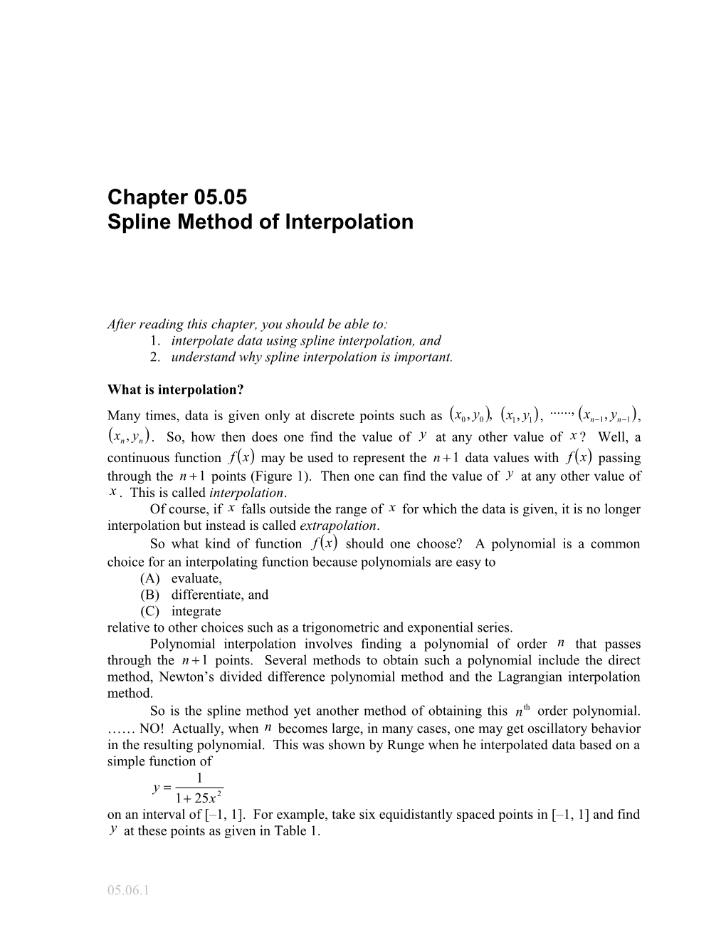 Spline Method of Interpolation: General Engineering