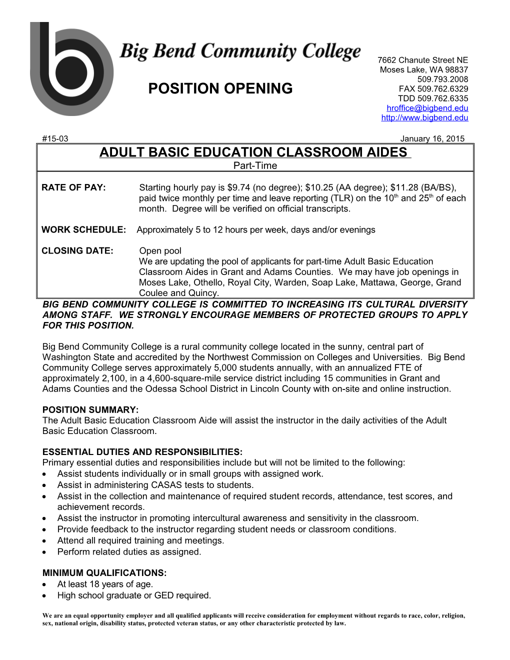 Adult Basic Education Classroom Aides