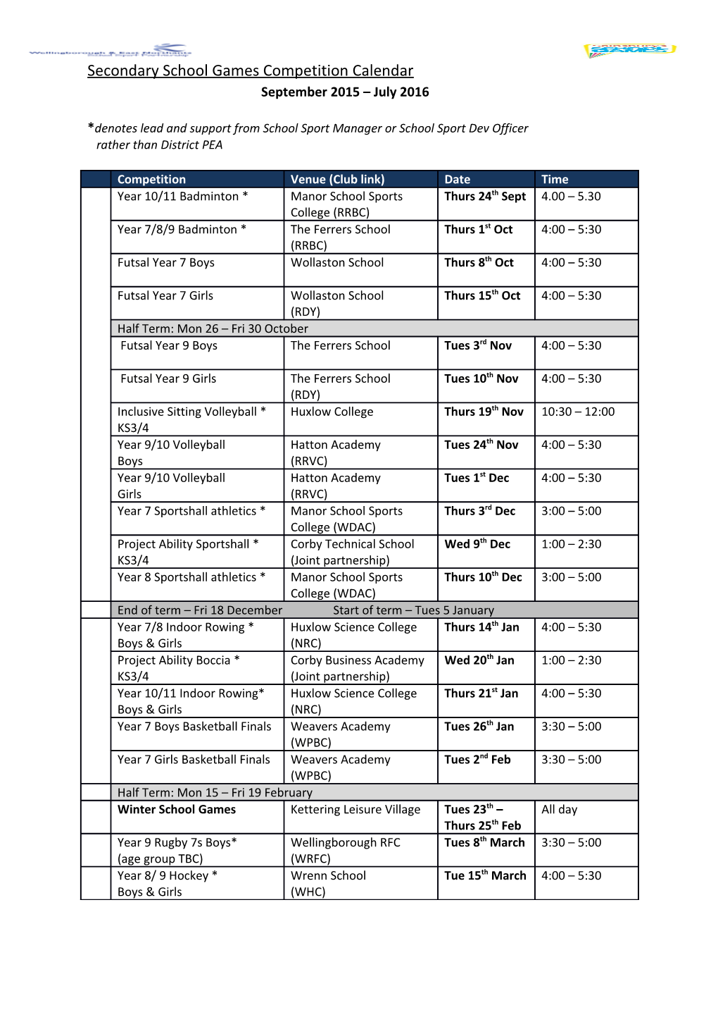 Secondary School Games Competition Calendar