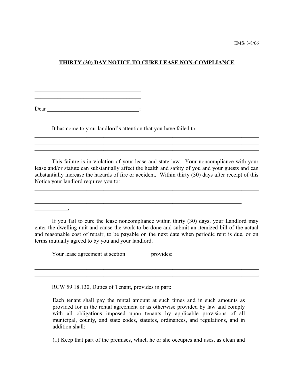 Thirty (30) Day Notice to Cure Lease Non-Compliance