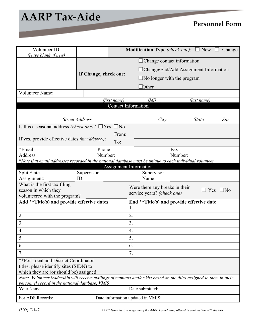 Aarp Tax-Aide Personnel Form