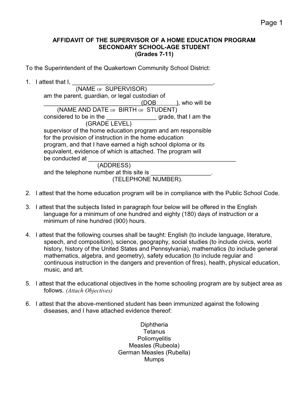 Affidavit of the Supervisor of a Home Education Program