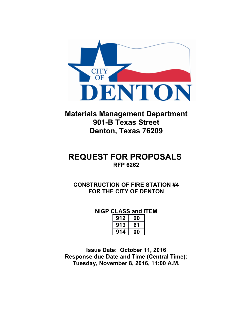 Rfp for Construction of Denton Fire Station #4