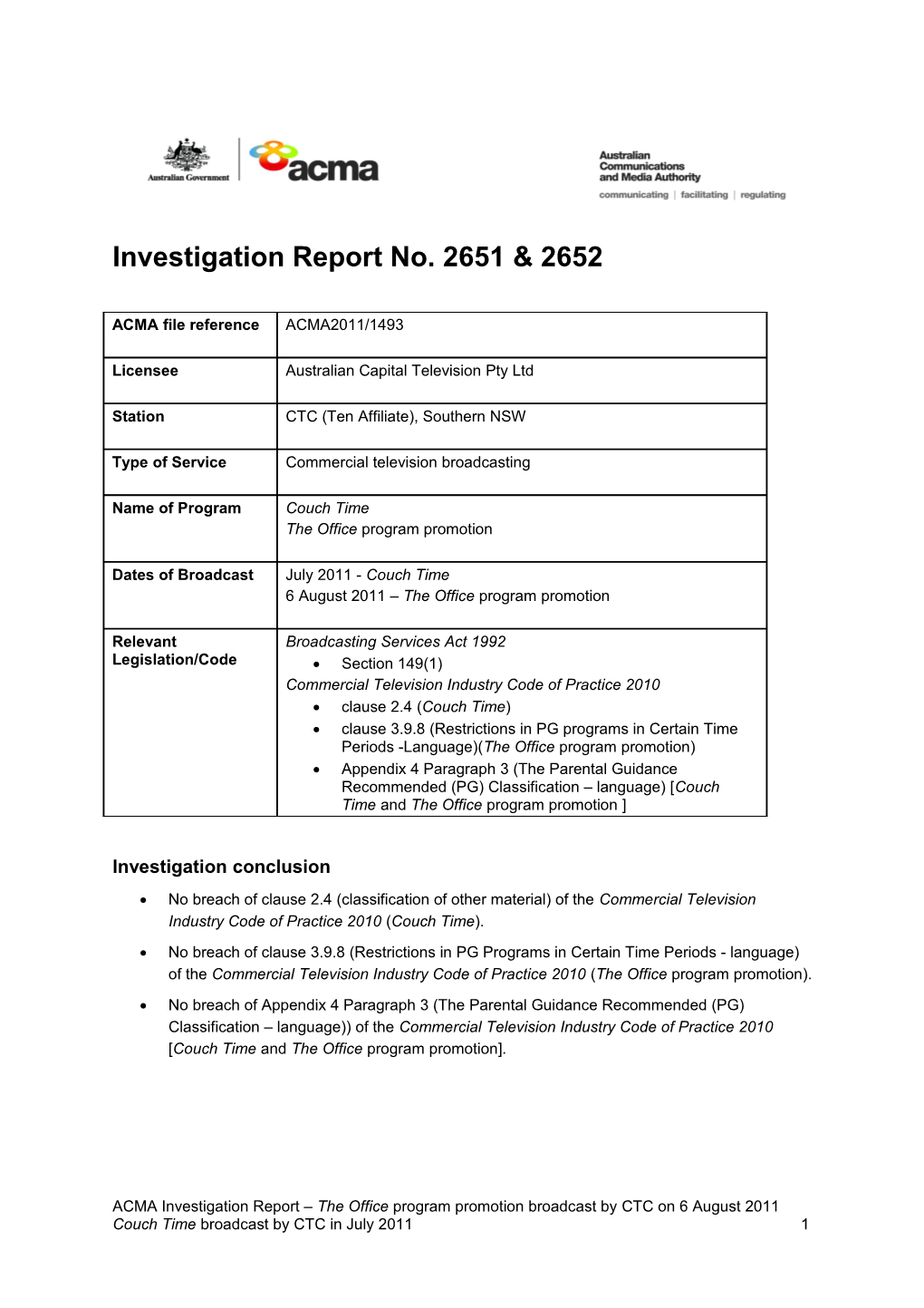 CTC - ACMA Investigation Reports 2651 & 2652