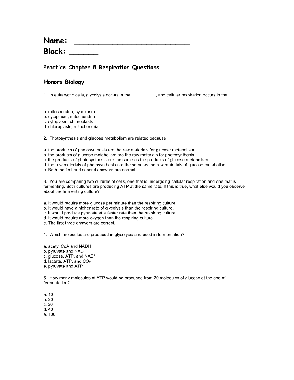 Practice Chapter 8 Respiration Questions