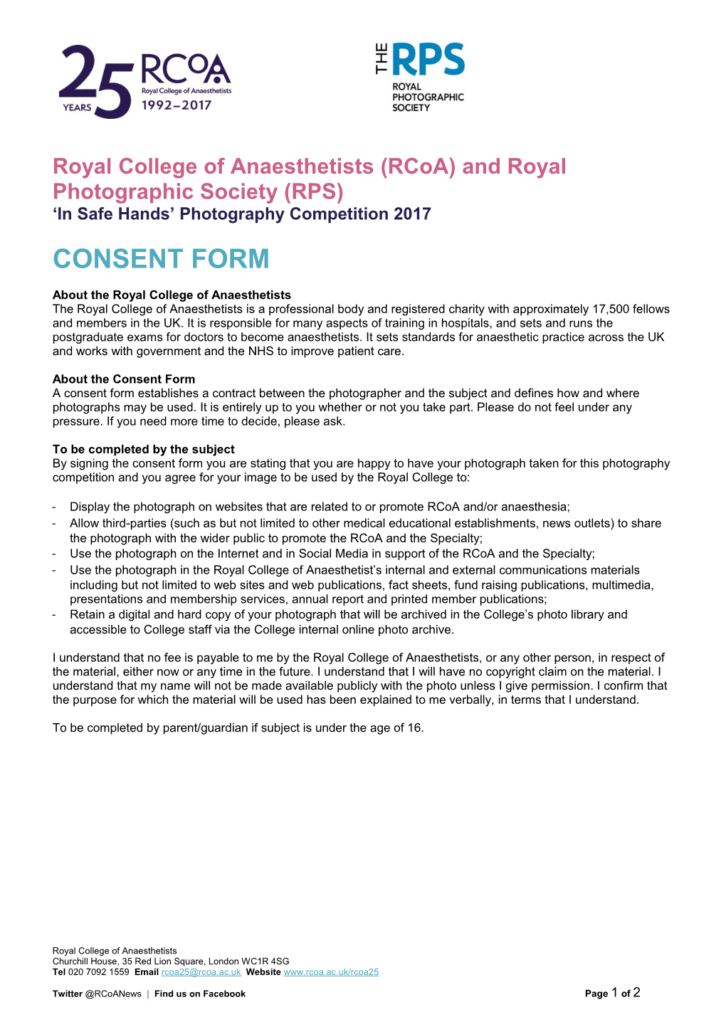 Royal College of Anaesthetists (Rcoa) and Royal Photographic Society (RPS)